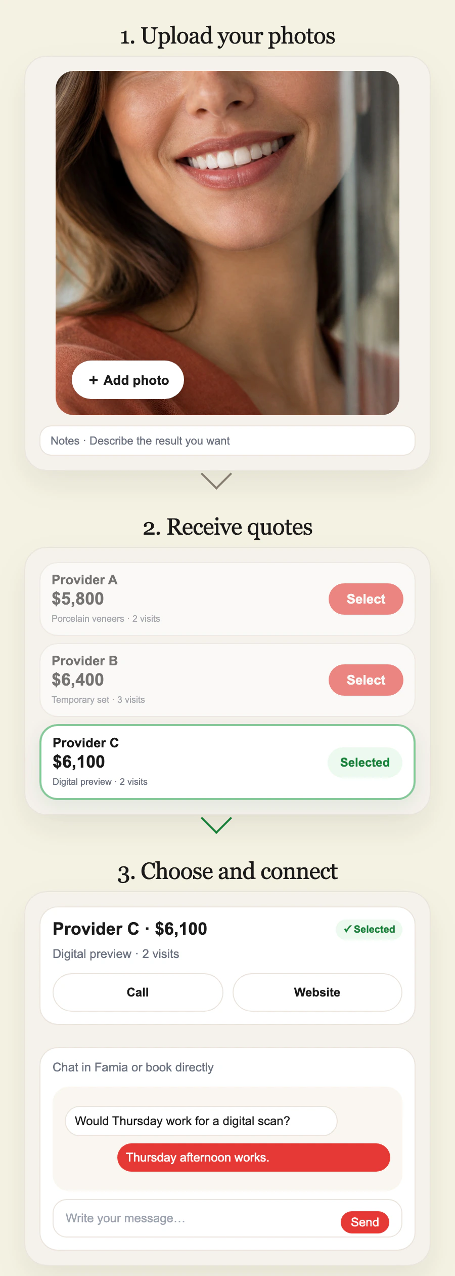 Three steps: select a treatment, compare providers, then chat after choosing a quote